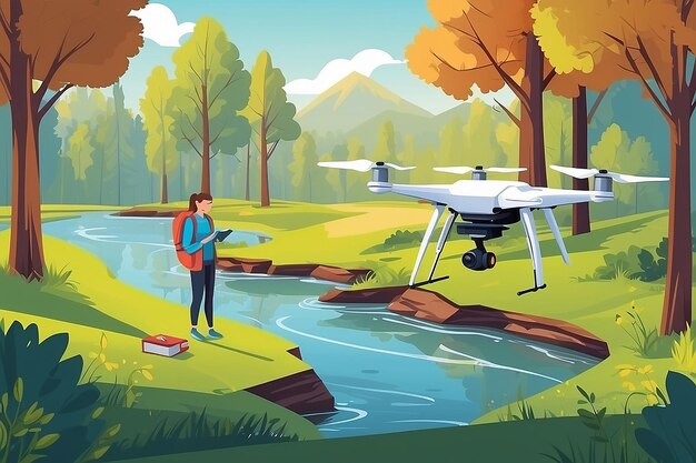 an illustration of students using drones for environmental monitoring and data collection vector illustration in flat style