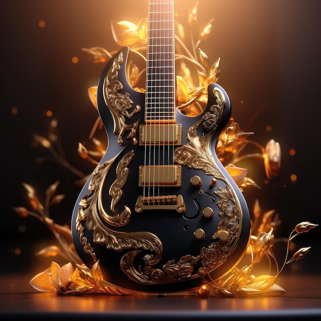 Illustration style fentesi 3d levitation closeup black mirrored gift art design guitar