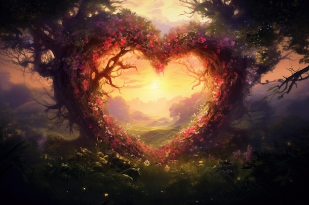 Foto illustrazione in stile pittura ad olio un elegante arco di viti intrecciate a forma di cuore con fiori in fiore sullo sfondo di un prato illuminato dalla leggera luce serale