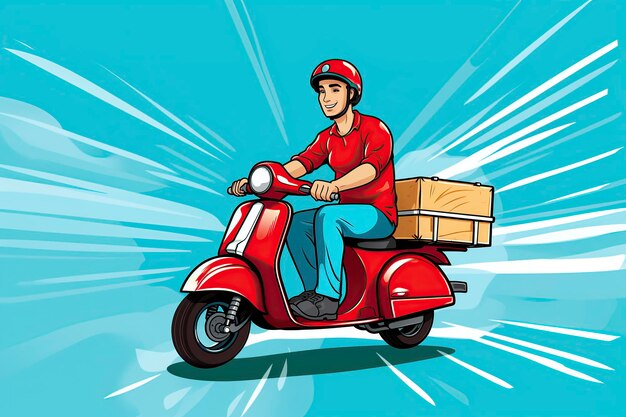 Иллюстрационный стиль поп-арта скутер с доставщиком