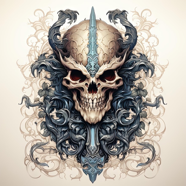 Illustration of a styled skull art tattoo design