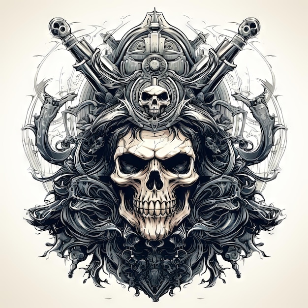 Illustration of a styled skull art tattoo design