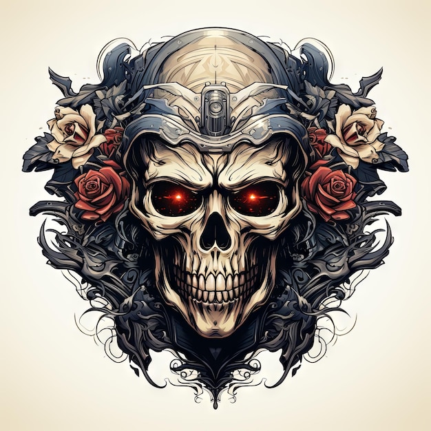 Illustration of a styled skull art tattoo design