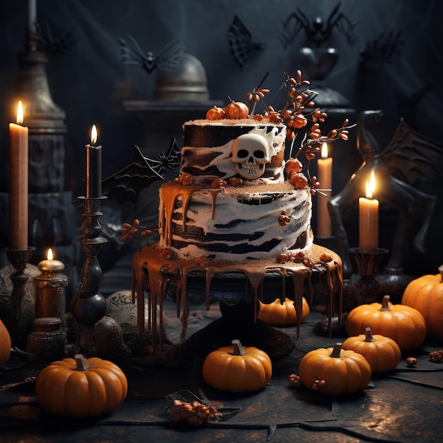 illustration of Stylish and beautiful Halloween cake on table photog