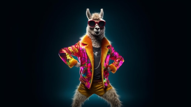 Illustration of a stylish llama wearing a vibrant jacket and sunglasses dancing with joy