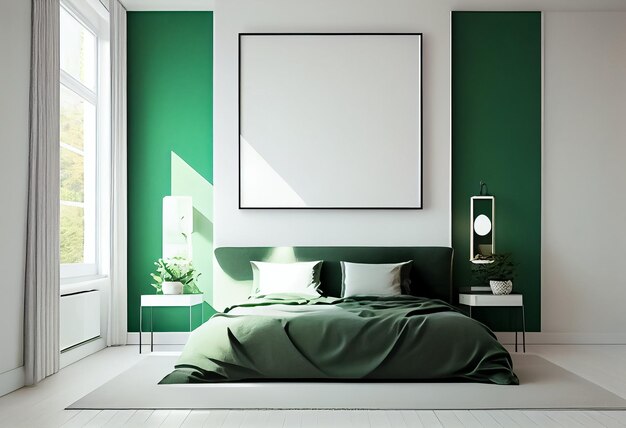 居心地の良いベッドと壁に空のフレームを備えたスタイリッシュでモダンな緑と白の寝室のイラスト