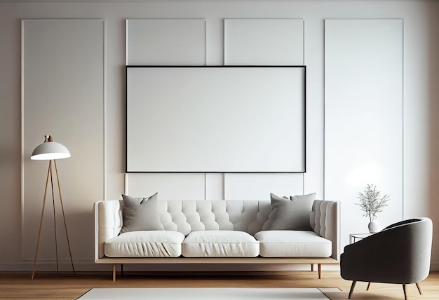 Illustration of stylish modern white living room with cozy sofa and empty frame on wall AI