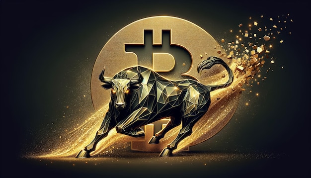 illustration of a stylized metal bull in dynamic pose with symbol bitcoin on black background