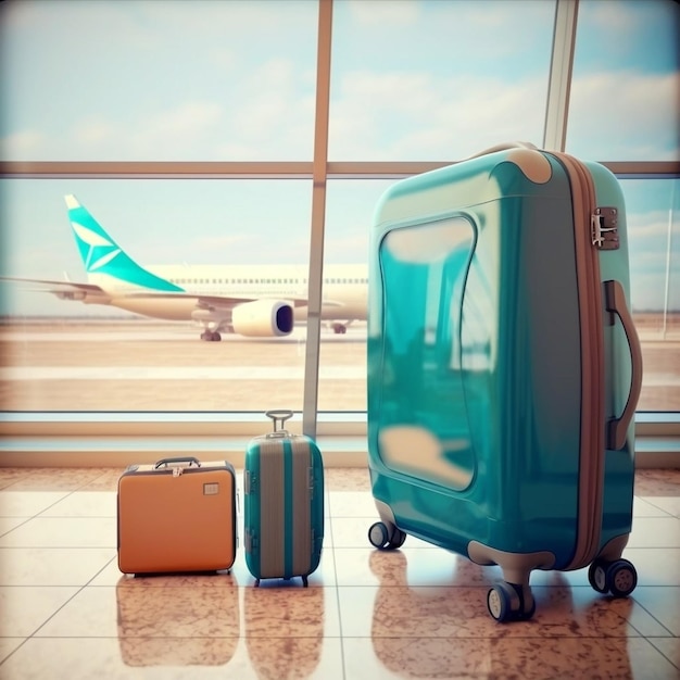 Illustration of suitcases side by side in an airport created with Generative AI