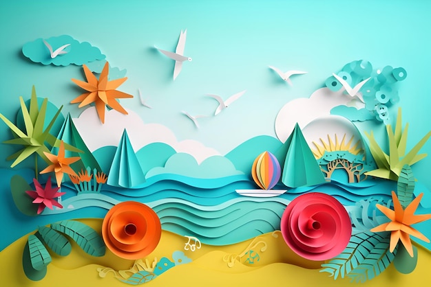 Illustration of a summer beach in paper cut art style Generated AI