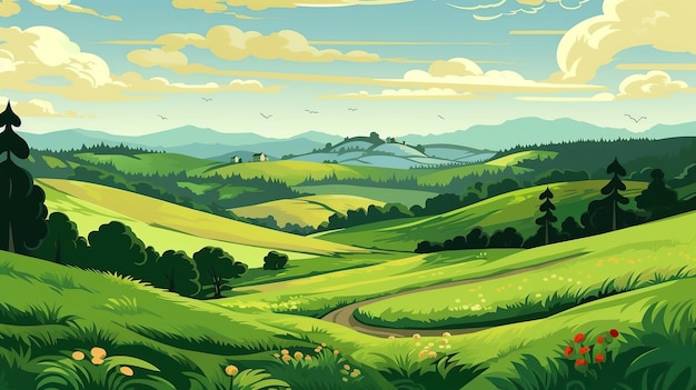 Illustration of summer green hills Generative AI