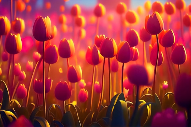 Illustrazione del prato estivo o primaverile con fiori di tulipano colorati ai