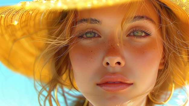 Photo an illustration of a summertime girl sunbathing on the beach and wearing a big yellow hat while on vacation