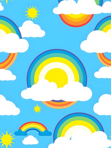 illustration of a sun and rainbow on a blue sky with a cloud background