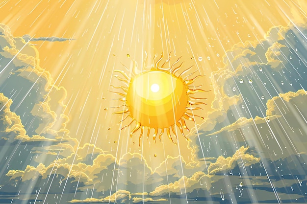 Illustration of a sun in the sky with clouds and rain
