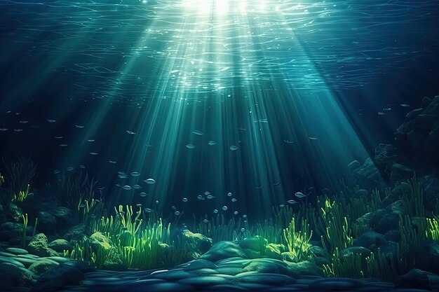 Illustration of sunlight filtering through underwater scene with schools of fish created with Generative AI technology