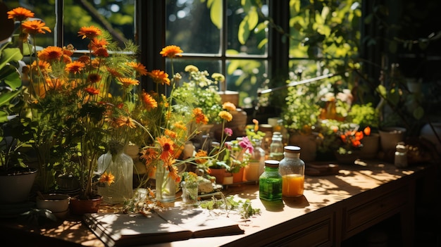 太陽に照らされた窓際の花と植物のイラスト
