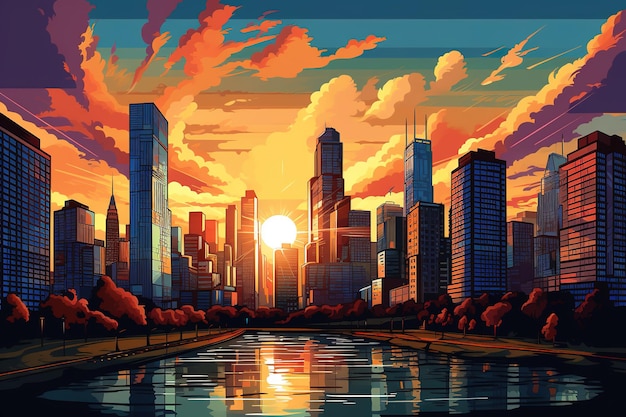 Illustration of a sunrise or sunset over a modern city Beautiful sunny cityscape