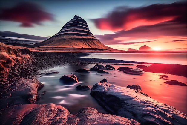 Illustration sunset over fantastic evening with the Kirkjufell volcano Generative AI