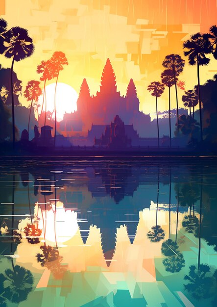 Illustration of a sunset over a lake with a temple in the background generative ai