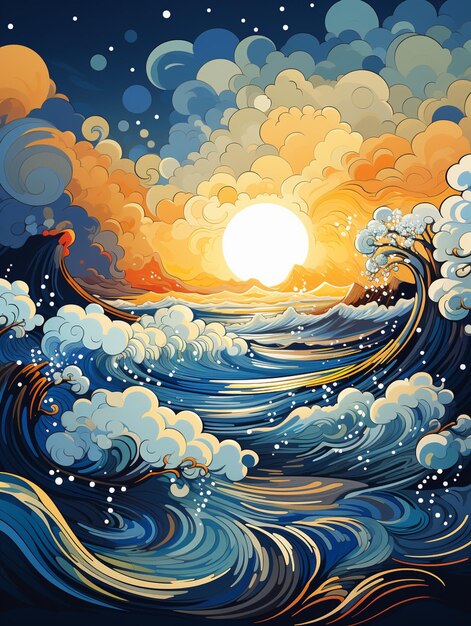 Photo illustration of a sunset over a large wave in the ocean generative ai