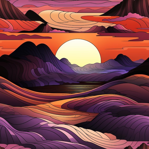 An illustration of a sunset over a mountain range