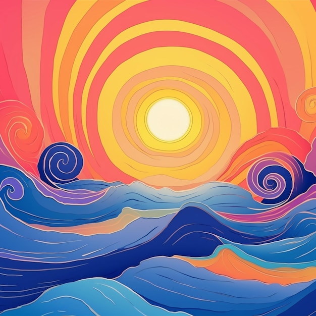 illustration of a sunset over the ocean with waves and a bright sun generative ai