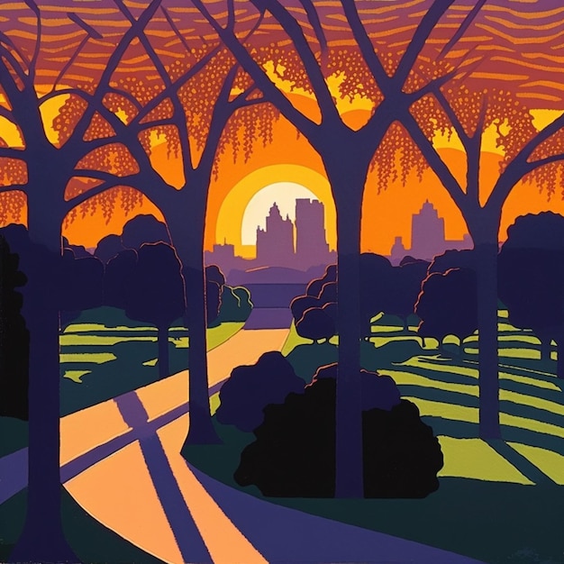 Photo illustration of a sunset in a park with trees and a road generative ai