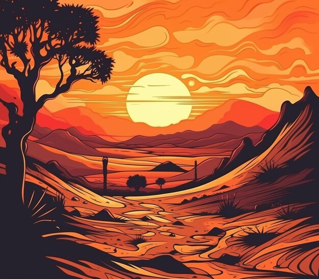 Illustration of a sunset scene with a river and a tree generative ai