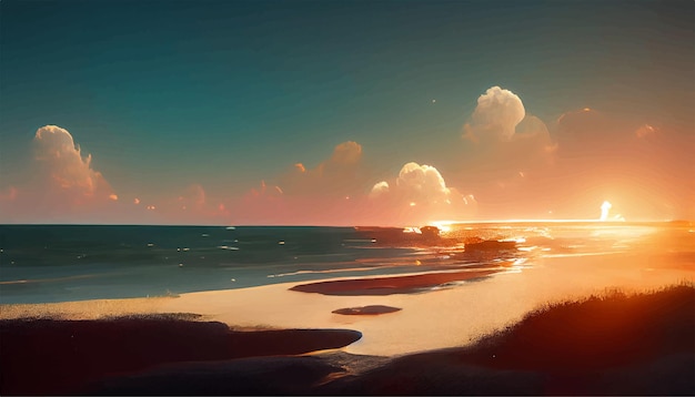 illustration of sunset on the shore of the beach