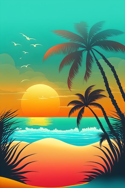 Illustration of a sunset on a summer beach Tropical island paradise Seascape background with palms silhouette Generated AI