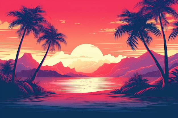 Illustration of sunset on a tropical beach