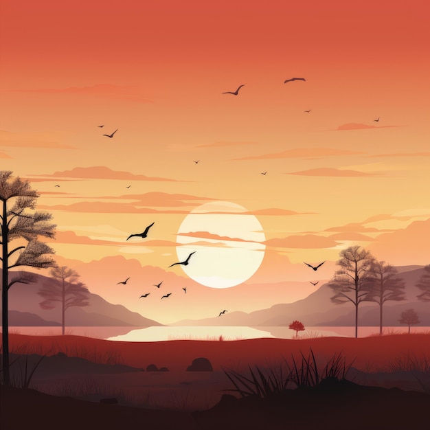 An illustration of a sunset with birds flying over the water