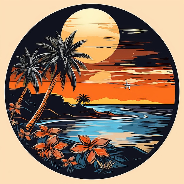 An illustration of a sunset with palm trees and the ocean