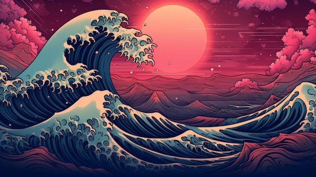 illustration of a sunset with a wave crashing in the ocean generative ai