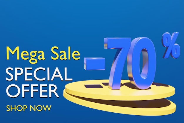 Illustration of super sale and special offer with 70 percent off in blue color 3D illustration with blue background and copy space