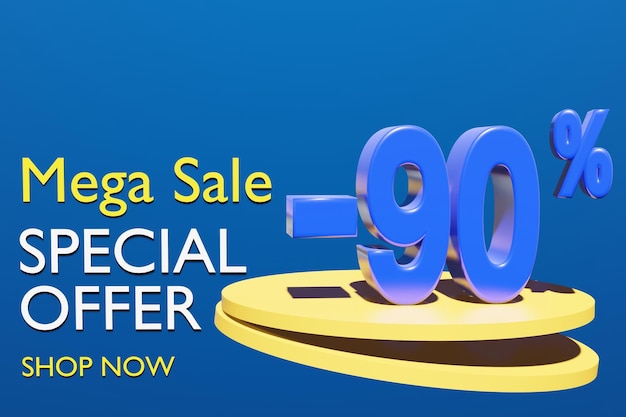 Illustration of super sale and special offer with 90 percent off in blue color 3D illustration with blue background and copy space