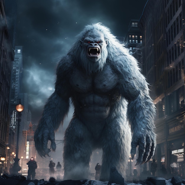 illustration of superrealistic yeti monster extremely tall city cent