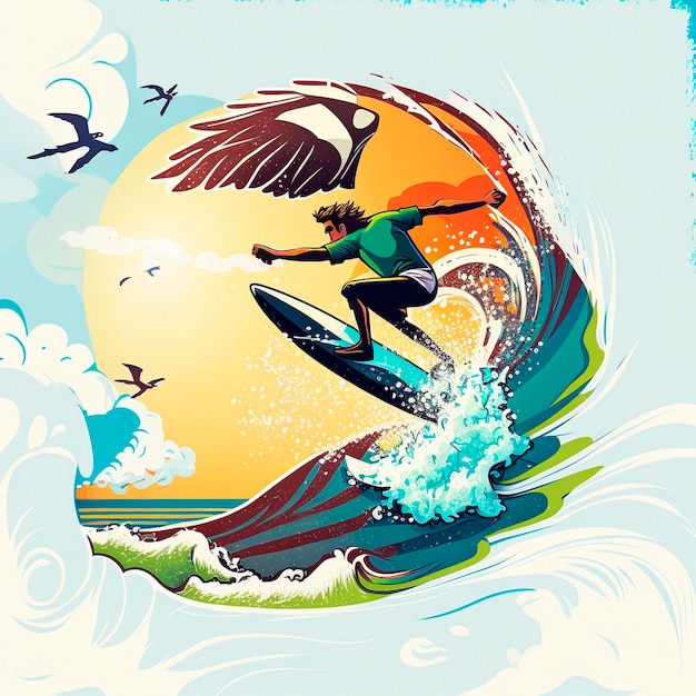 Illustration of a surfer on the waves