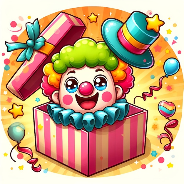 Foto illustrazione di una scatola a sorpresa contenente un simpatico clown il giorno degli idioti di aprile