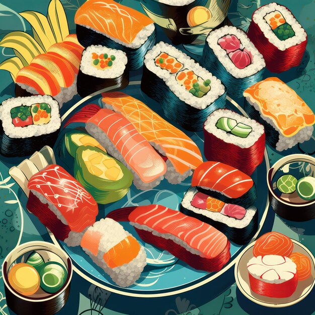 Photo illustration of sushi dishes sushi artwork japanese foods