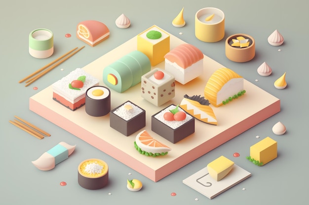 An illustration of sushi and other food items.
