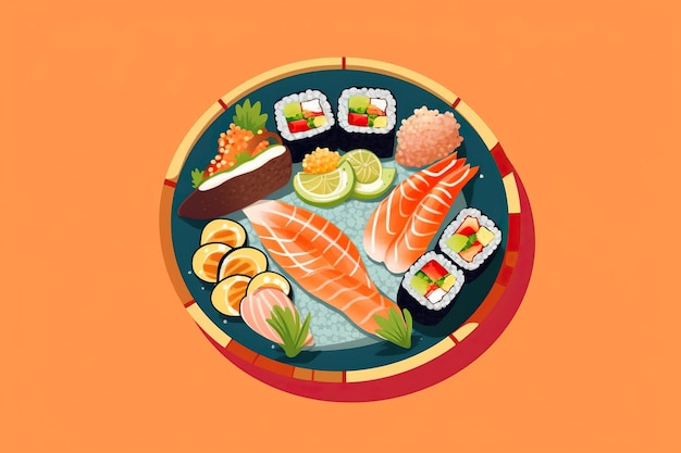 Illustration of sushi on a round plate generative ai