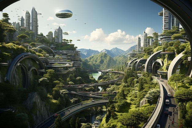 The illustration of a sustainable future city with an environmentally friendly design