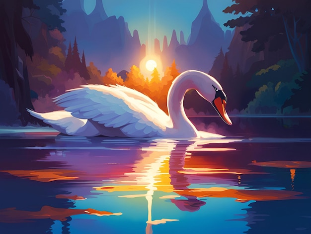 Photo illustration of a swan swimming on a lake at sunset cartoon