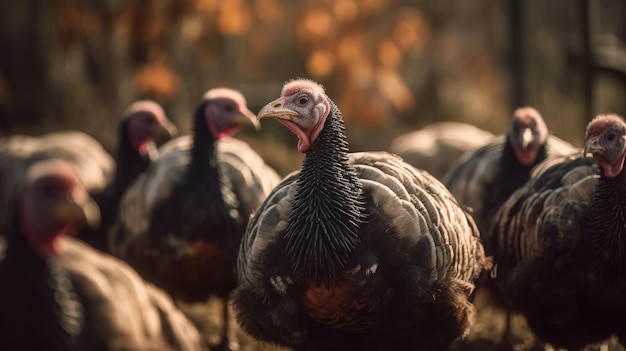 Illustration of a swarm of turkeys in the forest