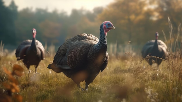 Illustration of a swarm of turkeys in the forest