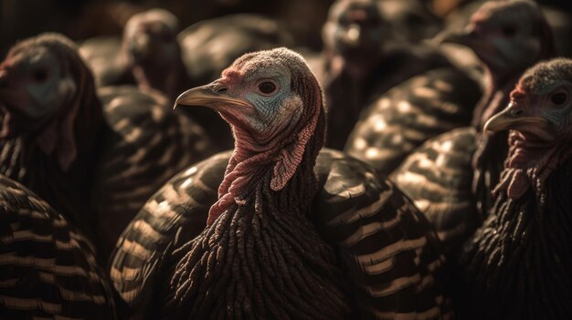 Illustration of a swarm of turkeys in the forest