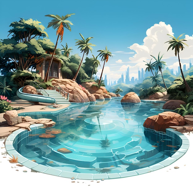 Illustration of a swimming pool in a tropical resort with palm trees