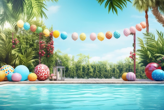 Illustration of a swimming pool with umbrellas and colorful balloons